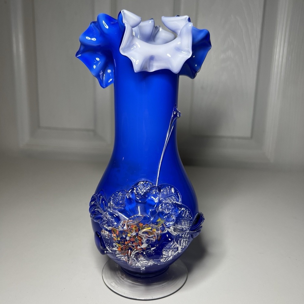 Vtg Blue Art Glass Vase Hand-Blown Ruffled Rim Applied Flower